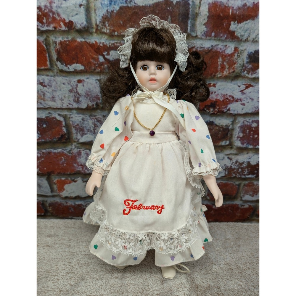 Meico Inc February Birthday Porcelain Doll Heart Dress Amethyst Necklace 12in